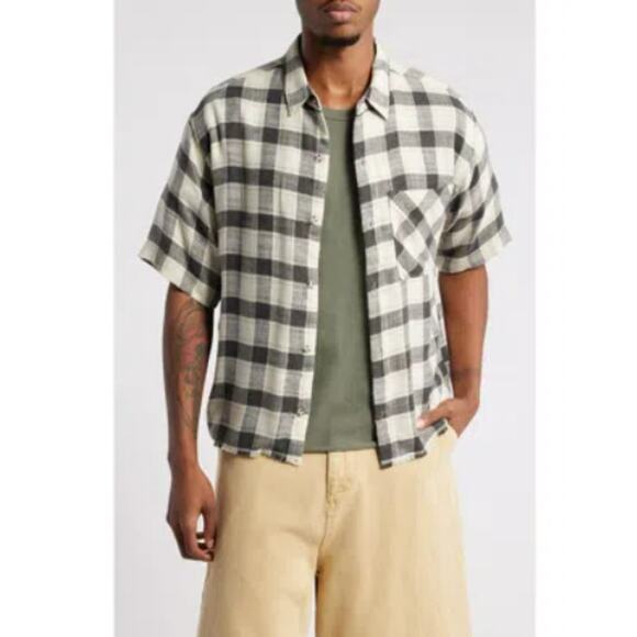 Elwood Mens Riker Plaid Short Sleeve Button Up Shirt Rayon Gray Cream Medium - Picture 1 of 11